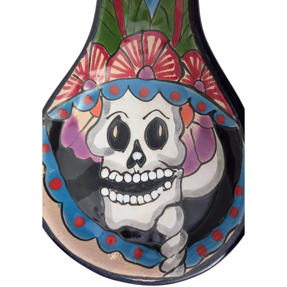 Large Talavera Spoon Rest Hand Painted Ulises DAY of the Dead Art Pottery Mexico
